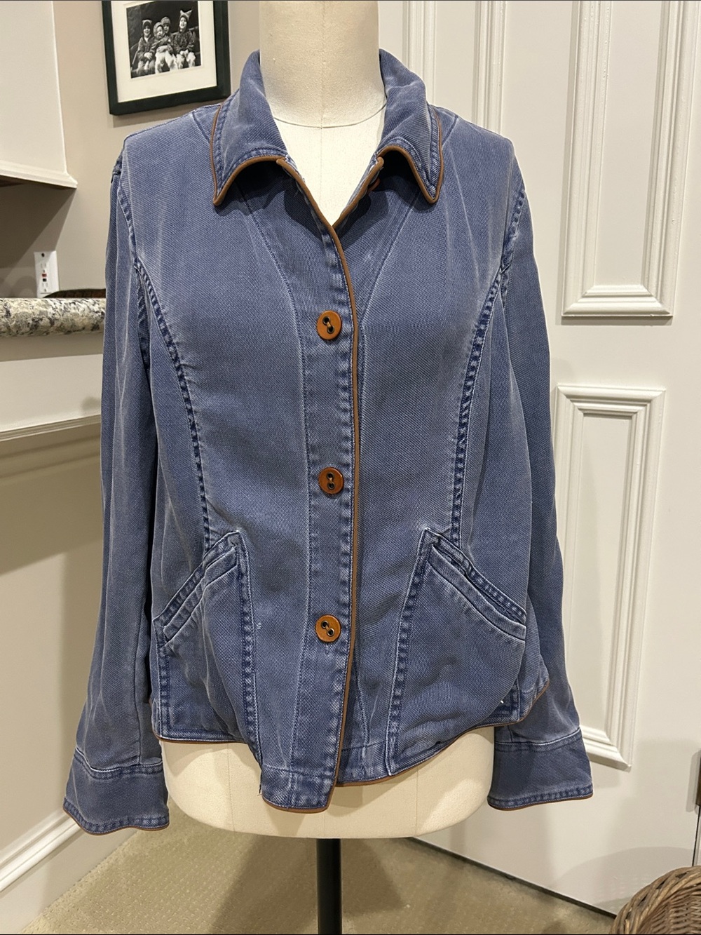 Sigrid Olsen Button-Front Jean-Style Jacket with Brown Trim